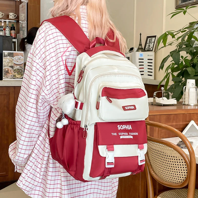 College Style Color Blocked Backpack Student School Bags Nylon Large Capacity Reduce Loadco Mputer