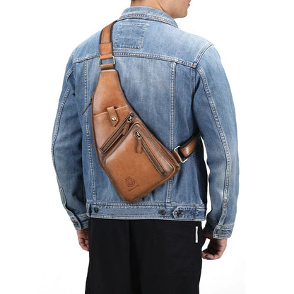 Leather Cross-Body Chest Bag Men Retro Senior Head Layer Cowhard Large Capacity Front Satchel