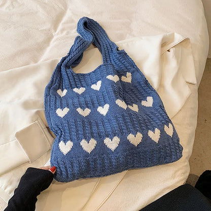 Knitted Heart Tote Bag – Women's Handmade Shoulder Bag