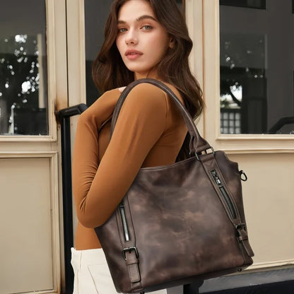 Faux Leather Tote Bag – Multi-Zipper Shoulder Handbag for Women