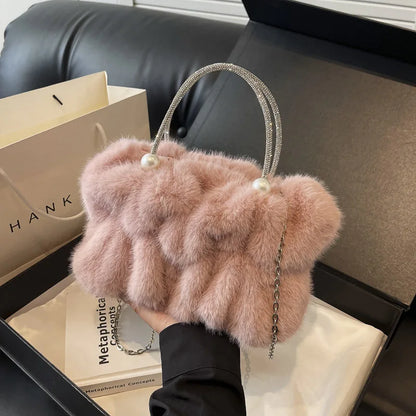 Faux Fur Crossbody Bag with Pearl Chain Strap