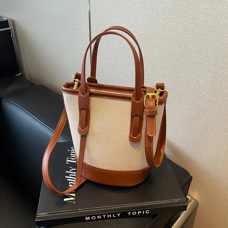 Two-Tone Canvas & Leather Bucket Bag for Women