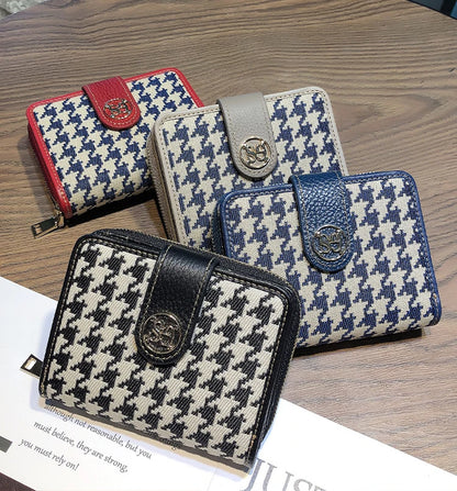 Purse Women Short Leather Niche Design Thousand Bird Lattice Lady Folding Organ Card Documents Clip