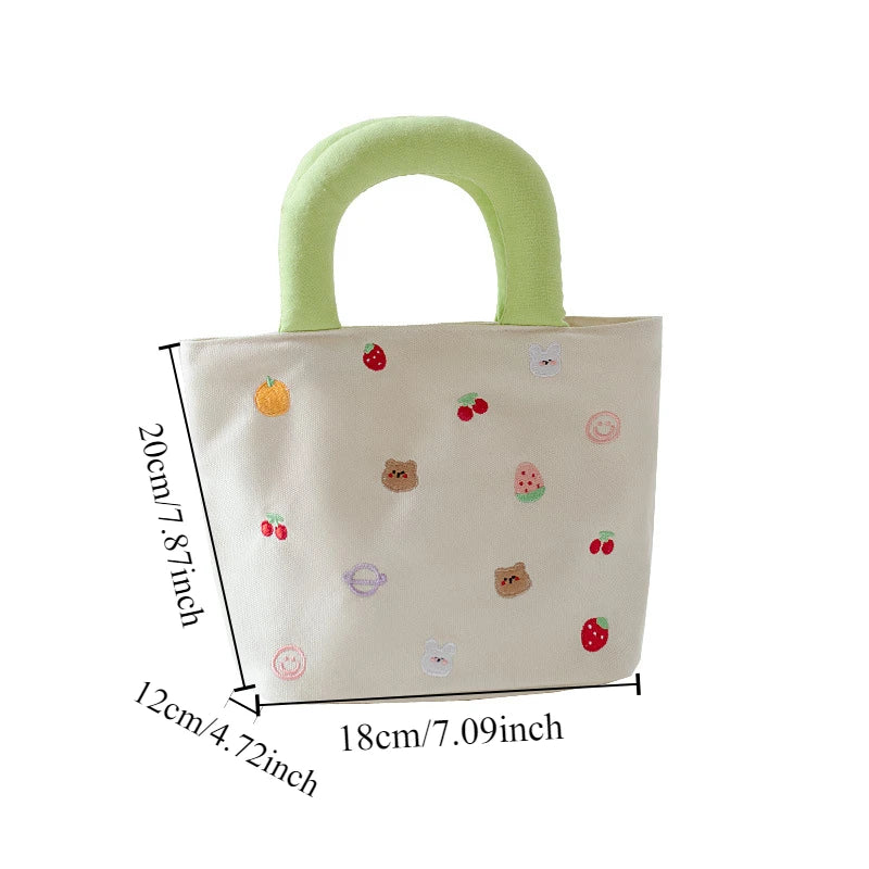 Cute Canvas Mini Handbag with Fruit & Bear Print