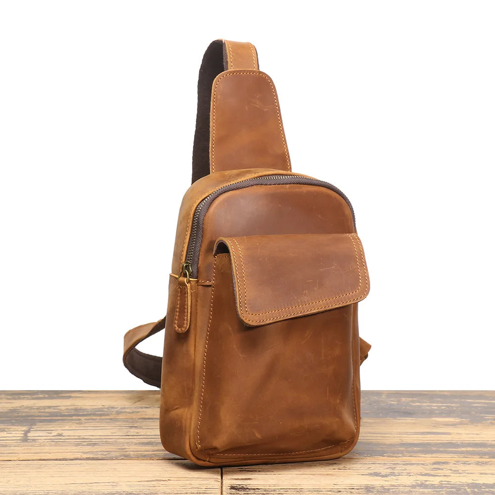 Retro Men S Chest Bag Crazy Horse Leather Casual Crossbody Backpack