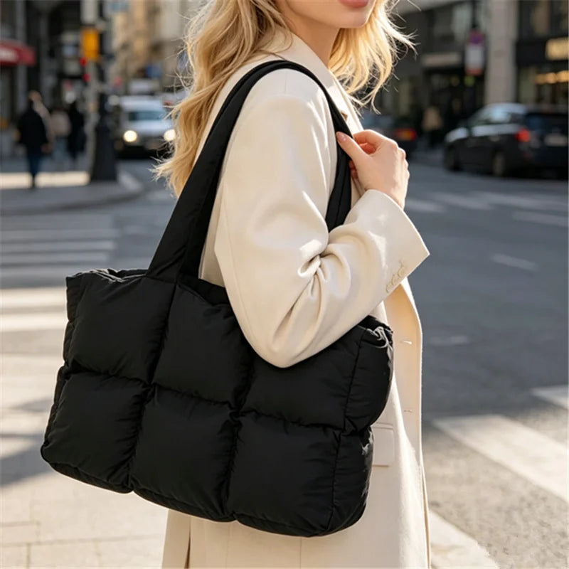 Quilted Puffer Tote Bag – Large Capacity Lightweight Nylon Shoulder Bag