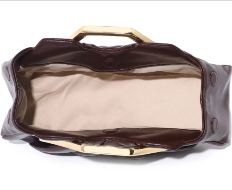 Elegant Pleated Leather Clutch Bag Luxury Gold Metal Frame Handbag Vintage Evening Party Purse