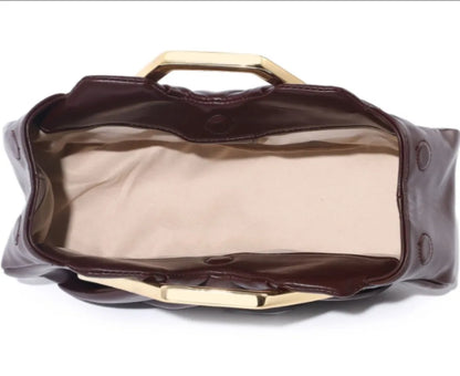 Elegant Pleated Leather Clutch Bag Luxury Gold Metal Frame Handbag Vintage Evening Party Purse