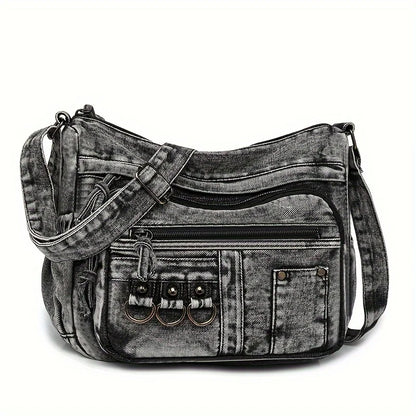 Denim Shoulder Bag for Women – Vintage Washed Multi-Pocket Crossbody