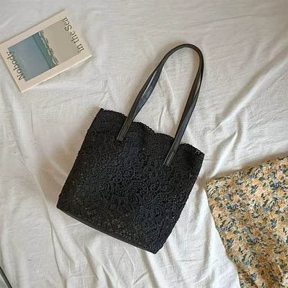Floral Lace Tote Bag with Leather Handles & Magnetic Closure