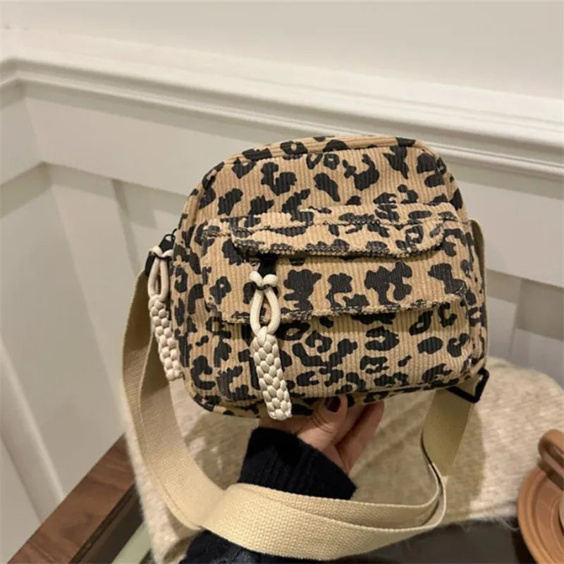 Leopard Print Corduroy Mini Crossbody Bag for Women