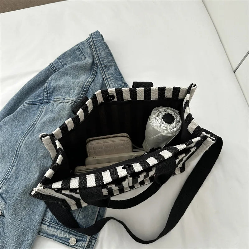 Large Capacity Women S Shoulder Bag Cool Street Handbag Trendy Striped Canvas Crossbody Bag