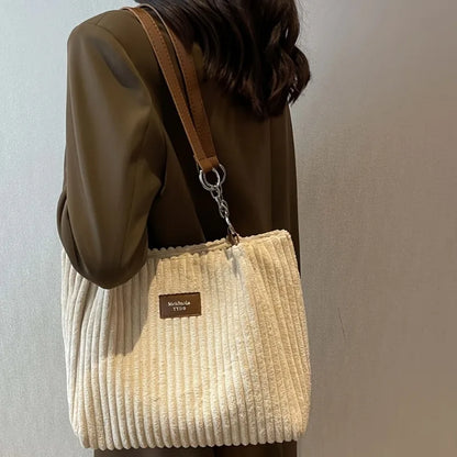 Corduroy Shoulder Tote Bag with Chain Accent