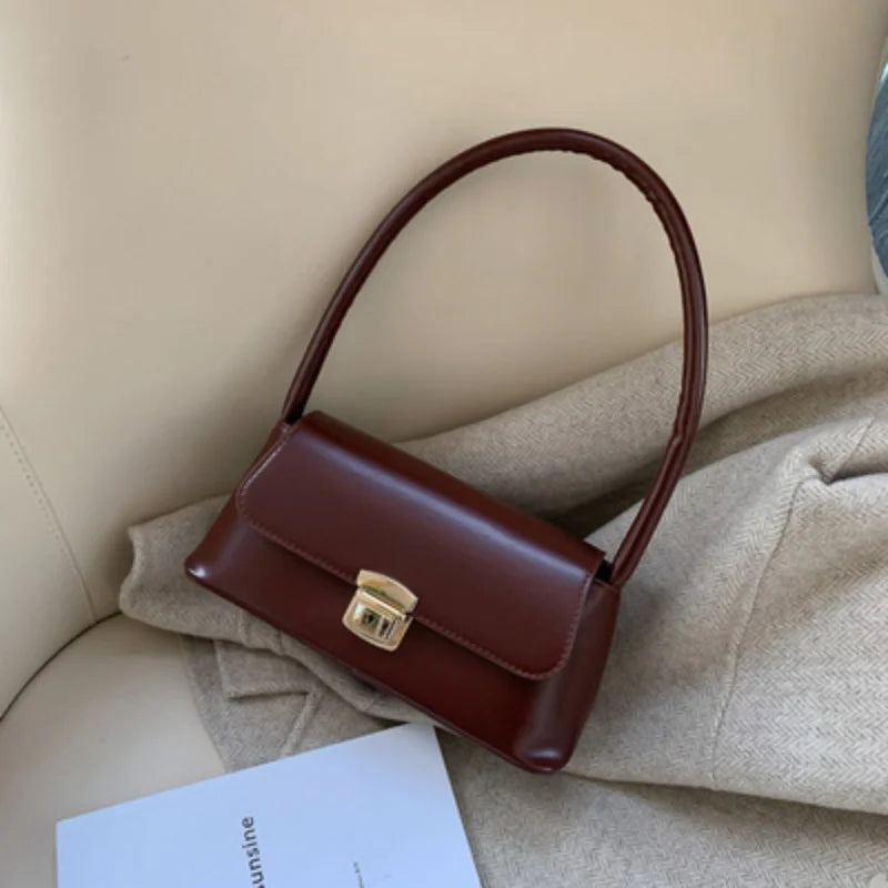 PU Leather Shoulder Bag with Gold-Tone Lock Closure