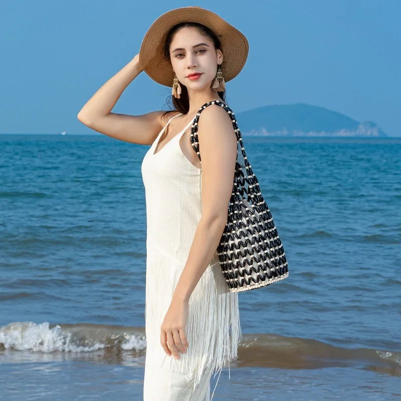 Handmade Woven Beaded Bucket Bag Contrast Color Mesh Shoulder Tote Casual Beach Vacation Handbag