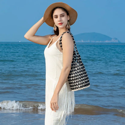 Handmade Woven Beaded Bucket Bag Contrast Color Mesh Shoulder Tote Casual Beach Vacation Handbag