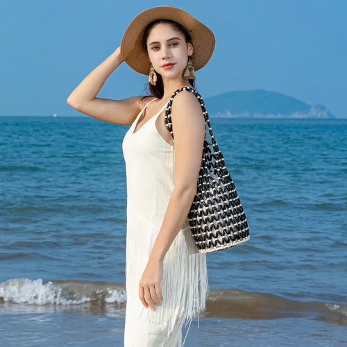 Handmade Woven Beaded Bucket Bag Contrast Color Mesh Shoulder Tote Casual Beach Vacation Handbag