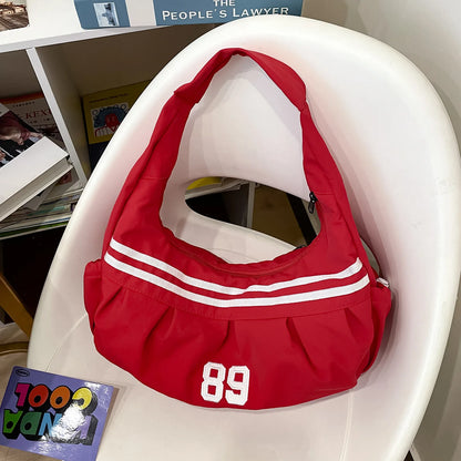 Sporty Nylon Shoulder Bag – Retro Stripe Number 89 Hobo Tote for Women