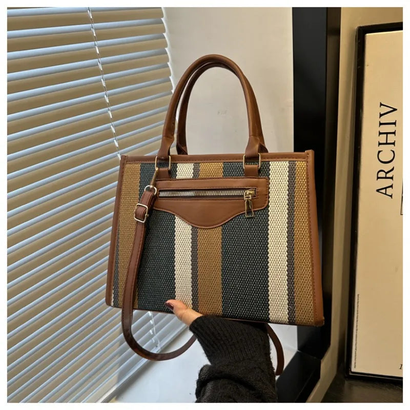 Chic Striped Canvas Tote Bag Work Weekend Every Premium Pu Leather Trim