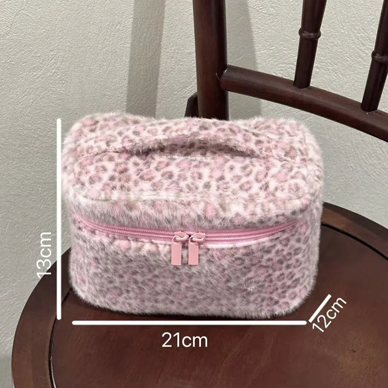 Ladies Cosmetic Bag Plush Leopard Cute Kawaii Makeup Hand-Held Large Capacity Multifunctional