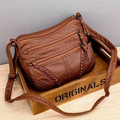 Multi-Zipper Leather Crossbody Shoulder Bag with Inner Pockets