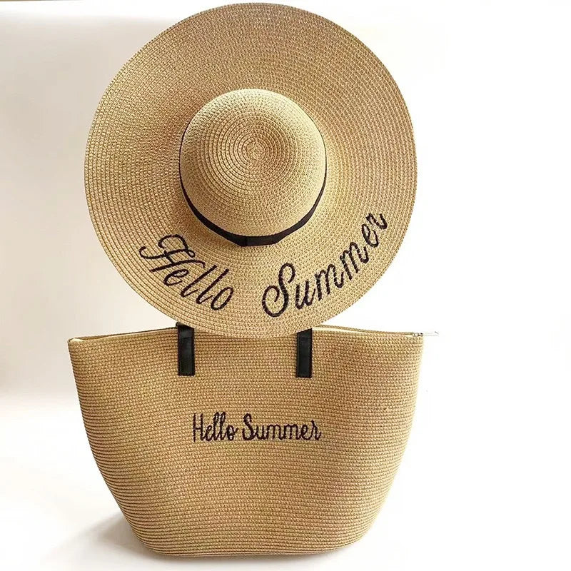 Summer Large Brim Sun Protection Hat Beach Vacation Travel Large Capacity Handbag Shoulder Bag