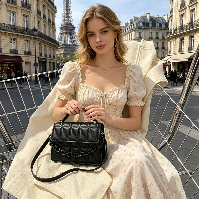 Quilted Chain Crossbody Bag – Elegant Satchel Purse with Top Handle & Detachable Strap
