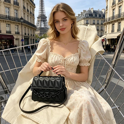 Quilted Chain Crossbody Bag – Elegant Satchel Purse with Top Handle & Detachable Strap