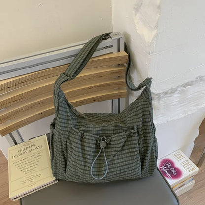 Korean Nylon Shoulder Bags Simple Plaid Zipper Tote Drawstring Pleated Cloud Commuter Crossbody Bag