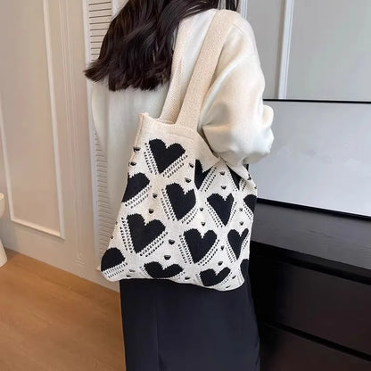 Love Pattern Handbag Knitted Women S Bag Large Capacity Weaving Tote Street Trend Shopping Shoulder