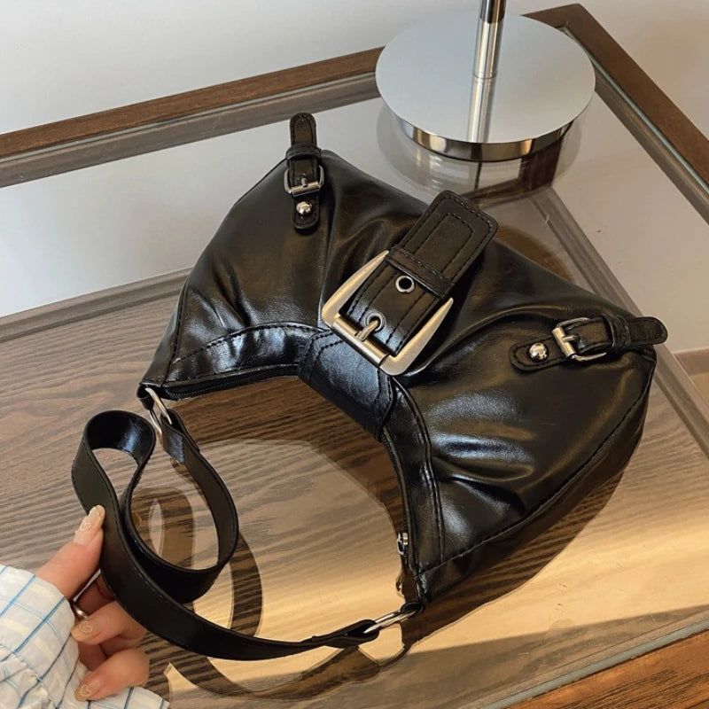 Hobo Shoulder Bag – Retro Faux Leather with Buckle Detail