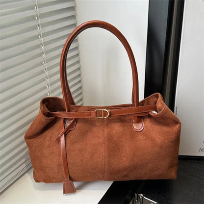 Large Capacity Vintage Faux Suede Shoulder Handbag for Women