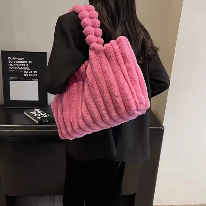 Plush Tote Bag Lightweight Large Capacity Shoulder Tote Bag Women S Solid Color Versatile Commuter