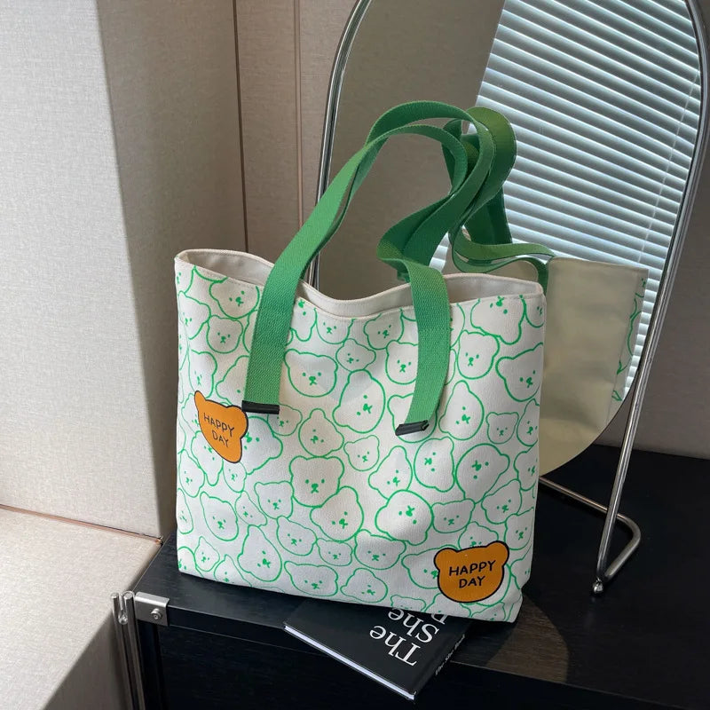 Bear Print Canvas Tote Bag – Cute Cartoon Shoulder Bag for Women