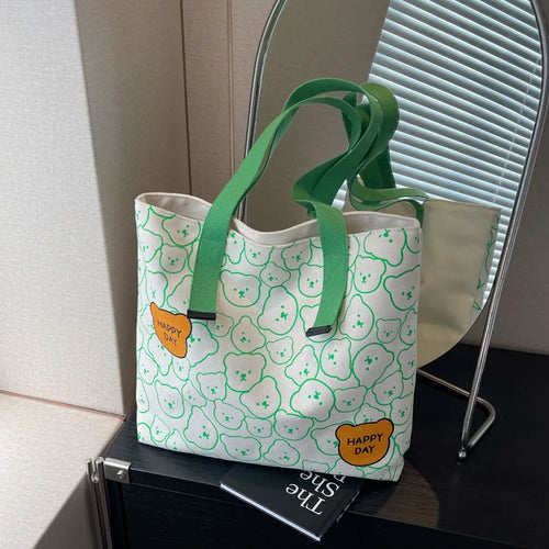 Bear Print Canvas Tote Bag – Cute Cartoon Shoulder Bag for Women