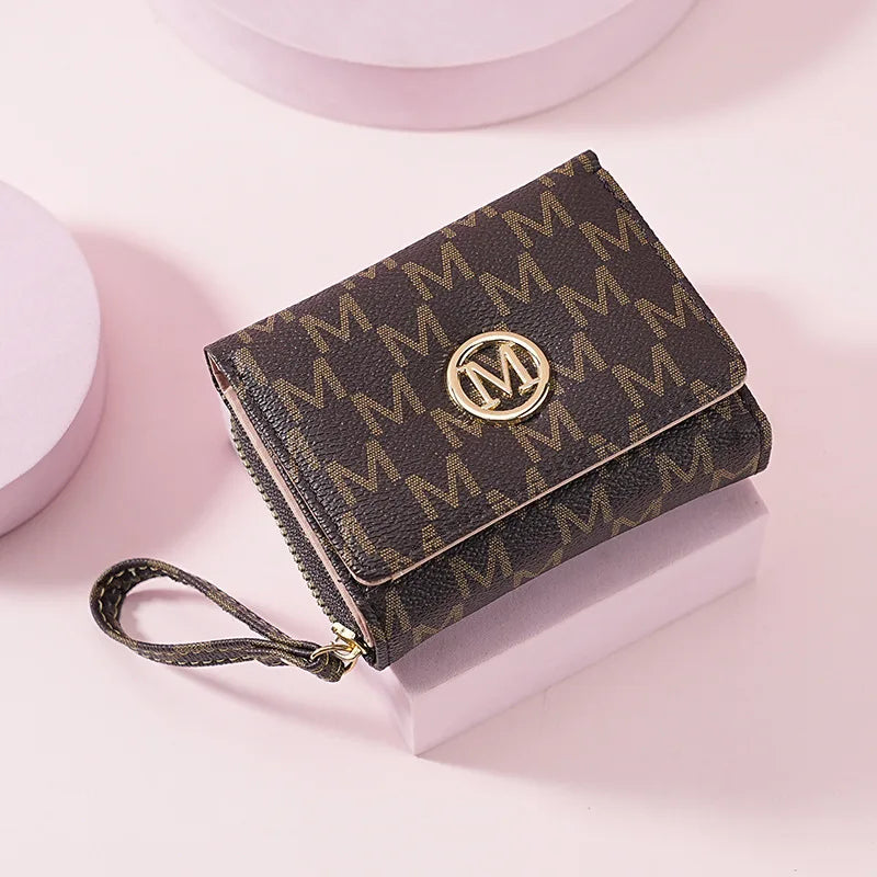 Threefold Zipper Wallet Letter Pattern Stylish Multi Color Card Holders Wrist Straps