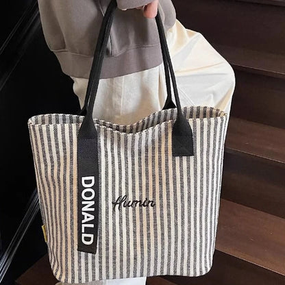 Striped Canvas Tote Bag – Large Capacity Women's Shoulder Shopper