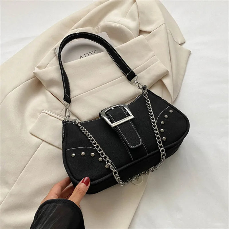 Retro Underarm Shoulder Bag – Studded Chain Crossbody Purse