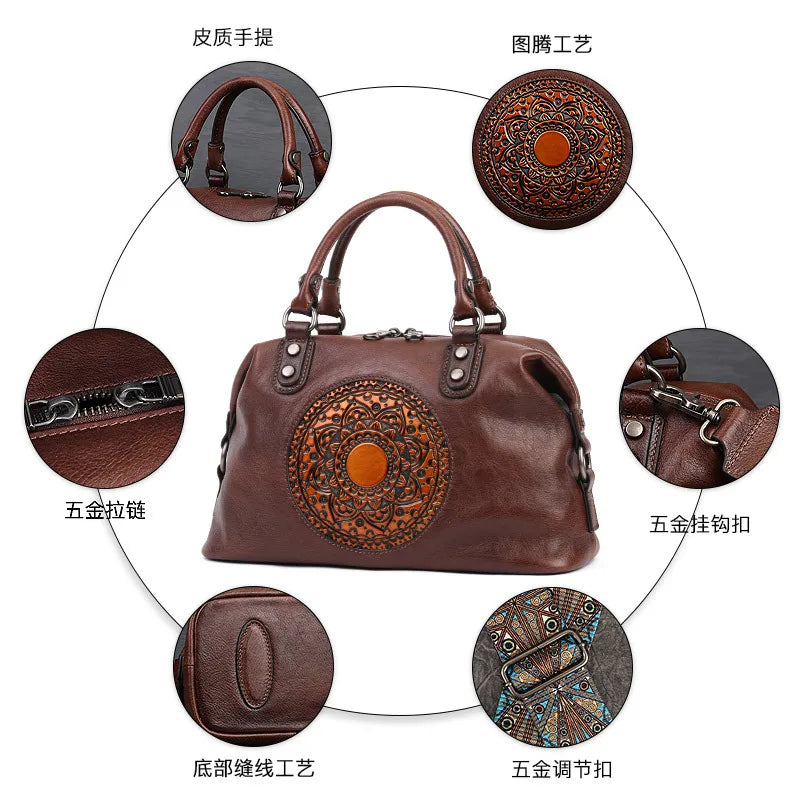 Embossed Totem Tote Bag Top-Grain Cowhide Commuter Handbag Large-Capacity Handcrafted