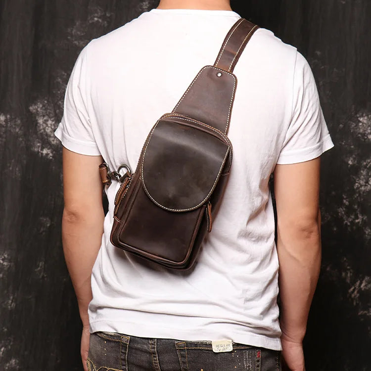 Men S Casual Genuine Leather Chest Bag Crazy Horse Leather Crossbody Large-Capacity Single-Shoulder