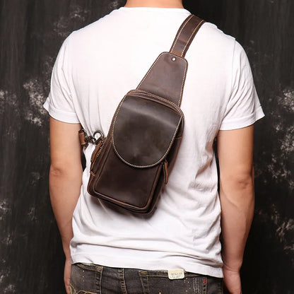 Men S Casual Genuine Leather Chest Bag Crazy Horse Leather Crossbody Large-Capacity Single-Shoulder