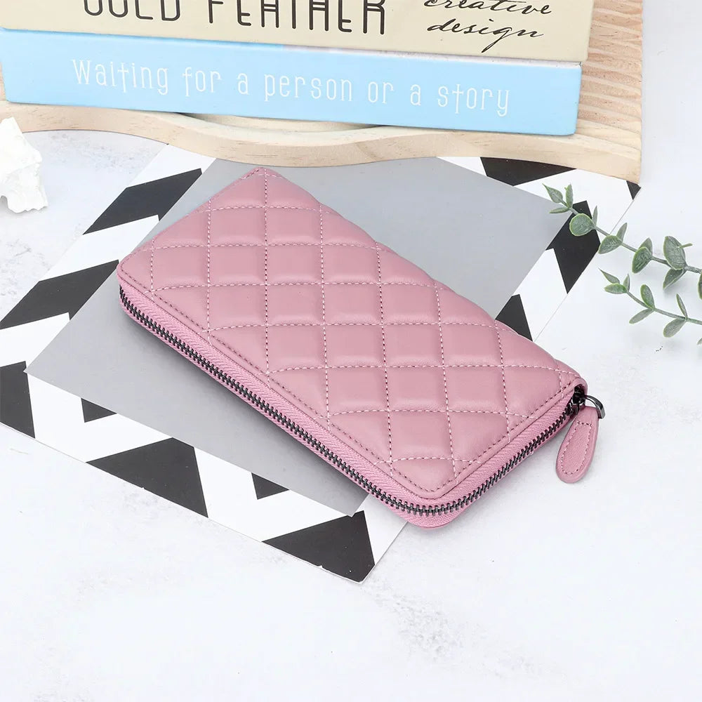 Leather Purse Women S Long Large Capacity Sheepskin Embroidered Diamond Check Zipper Wallet Mobile