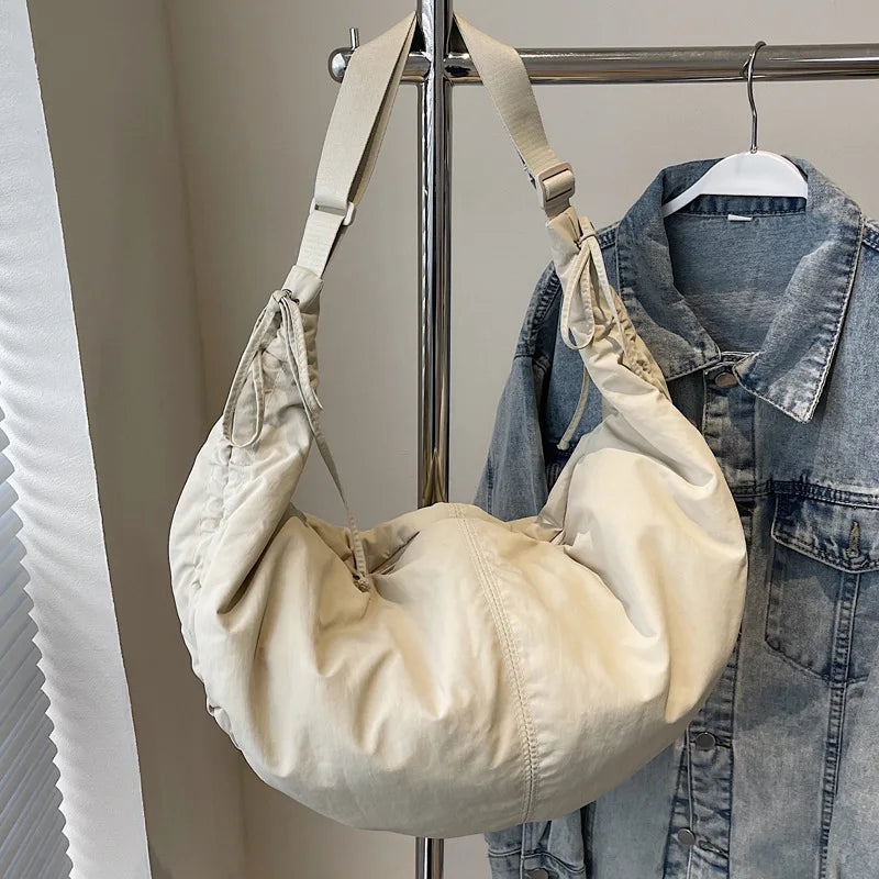 Nylon Crossbody Bag – Soft Drawstring Crescent Shoulder Bag for Women