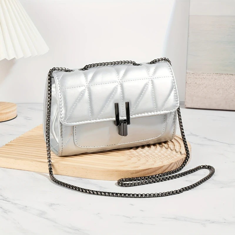 Quilted Crossbody Bag with Turn Lock & Chain Strap