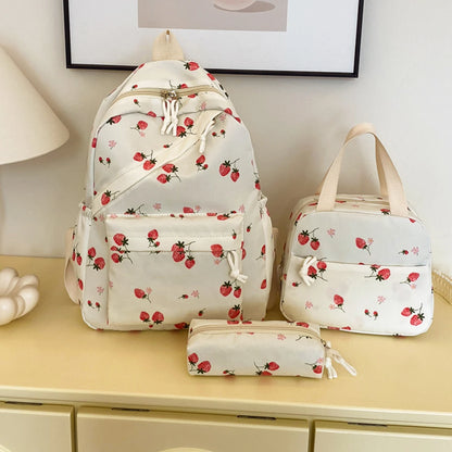 Fashionable Cute Strawberry Backpack Set 3pcs Handbag Pen Pouch Quilted Nylon Women S Dual Zipper