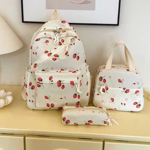 Fashionable Cute Strawberry Backpack Set 3pcs Handbag Pen Pouch Quilted Nylon Women S Dual Zipper