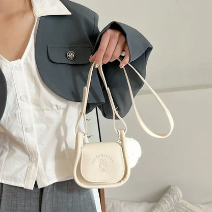 Mini PU Leather Shoulder Bag with Pompom Charm & Adjustable Strap