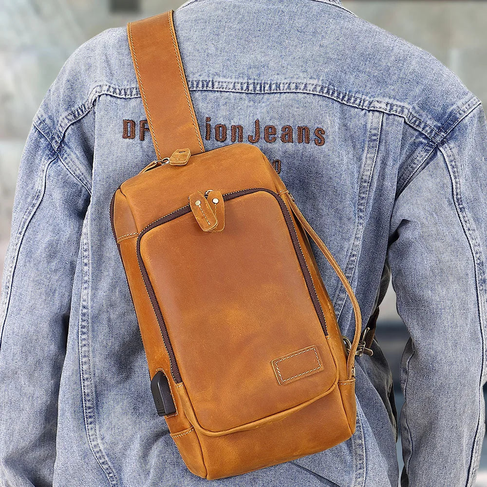 Retro Men S Chest Bag Genuine Leather Chest Large-Capacity Hand-Held Crossbody Backpack