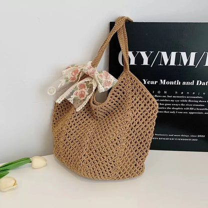 Summer Beach Tote Shoulder Bag Straw Weav Handbag Large Capacity Vacation Weaving Hollow Bags Women