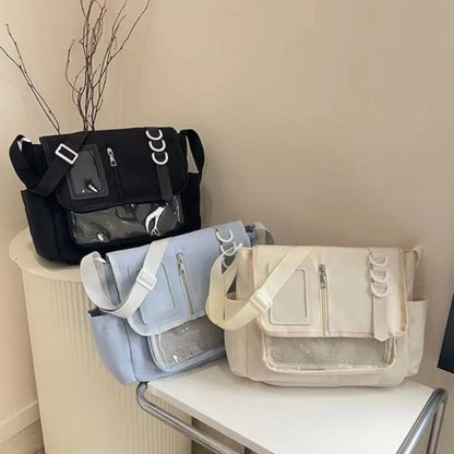 Clear Patch Canvas Messenger Bag – Multi-Pocket Crossbody